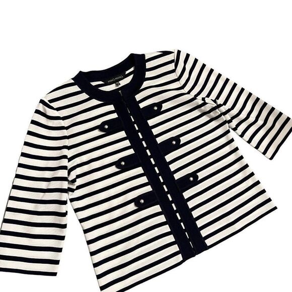 Ming Wang Women's PM Navy Blue White Striped Knit Cardigan Petite Nautical Sail - Picture 1 of 13